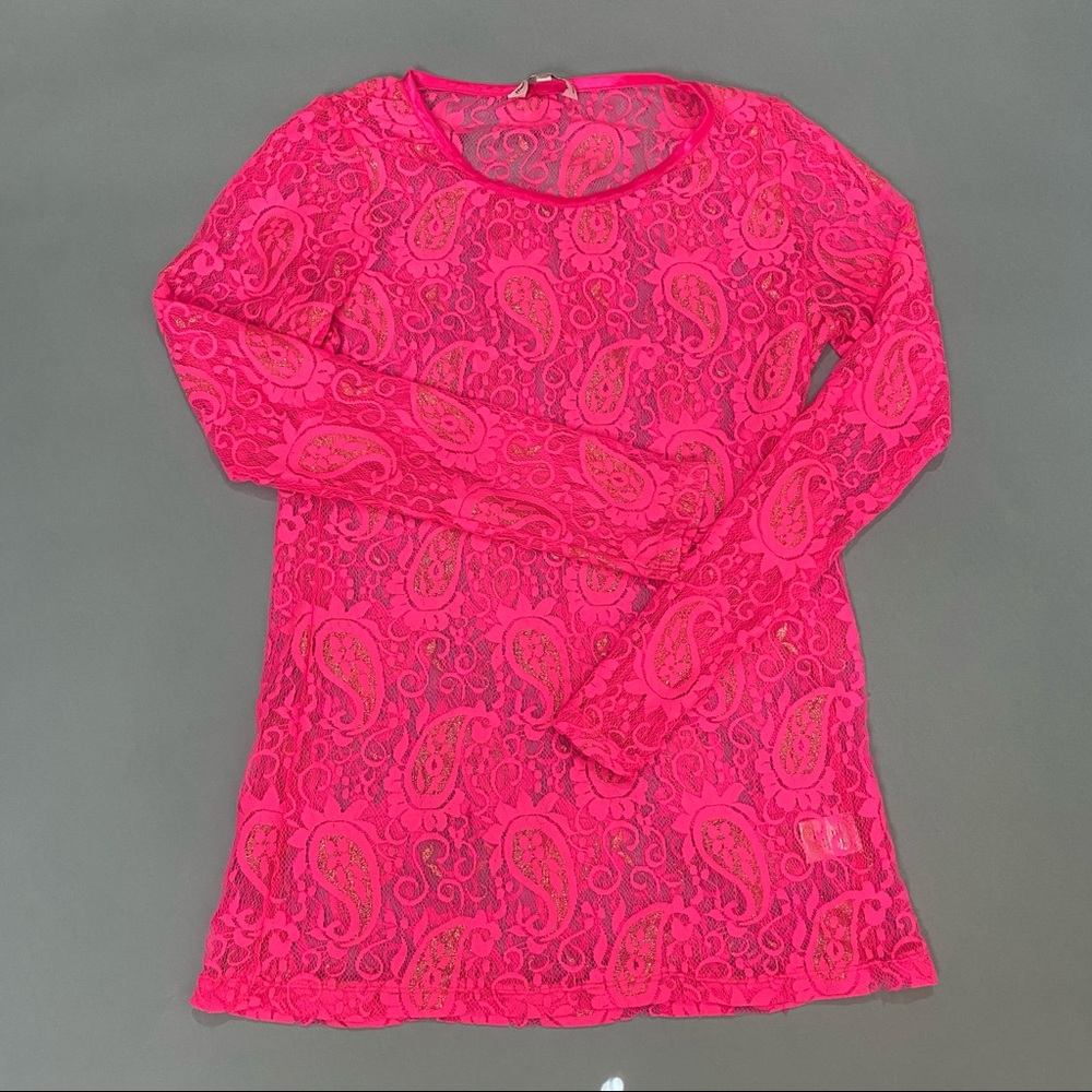Neon pink and gold lace long sleeve top